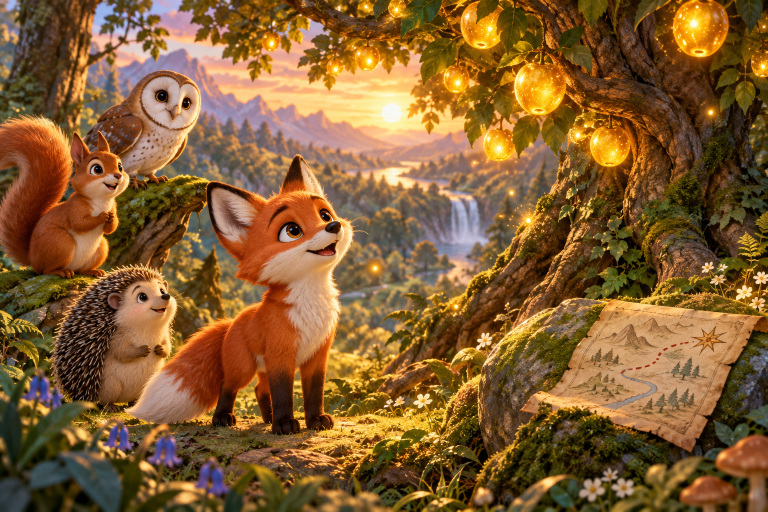 Léo le renard découvre un trésor dans une forêt enchantée