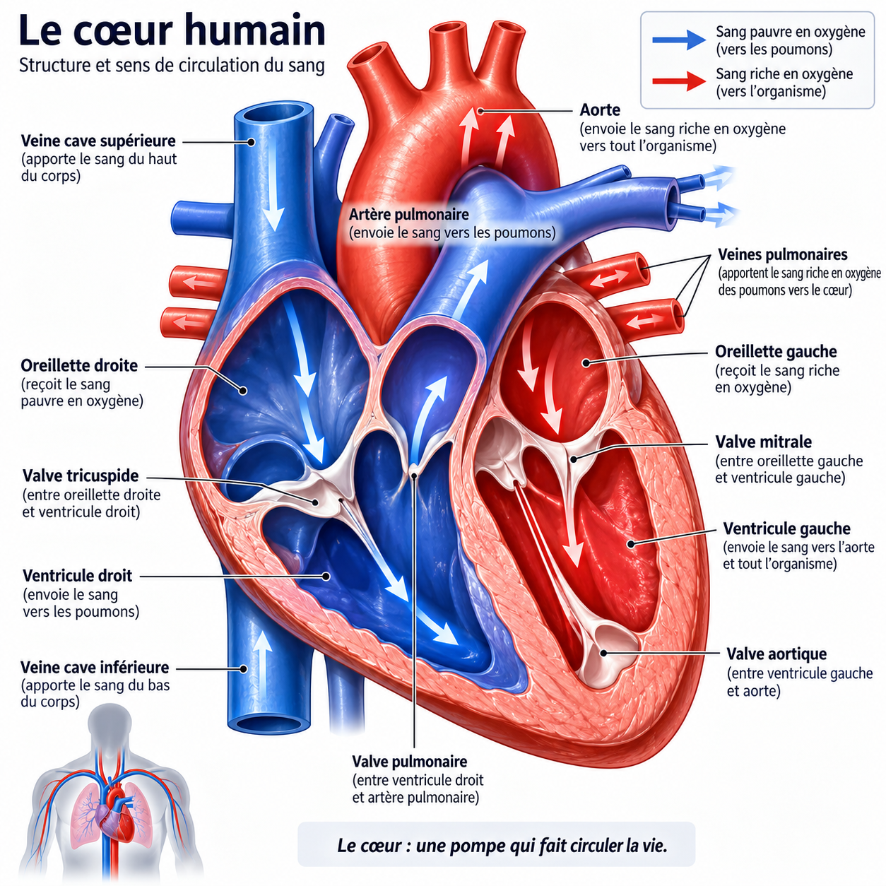 Schéma de la structure du cœur et du sens de circulation du sang