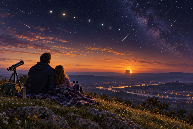 Un père et sa fille observent l’éclipse solaire et les étoiles depuis le mont Thou