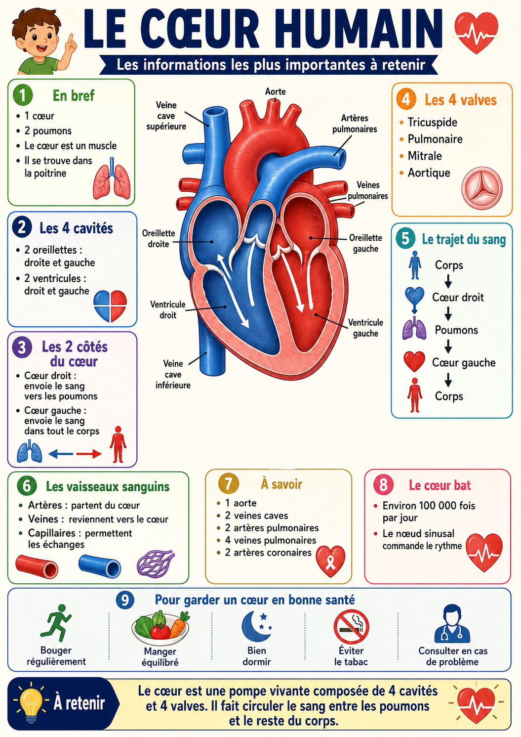 Poster éducatif sur le cœur humain, ses cavités, ses valves et la circulation du sang