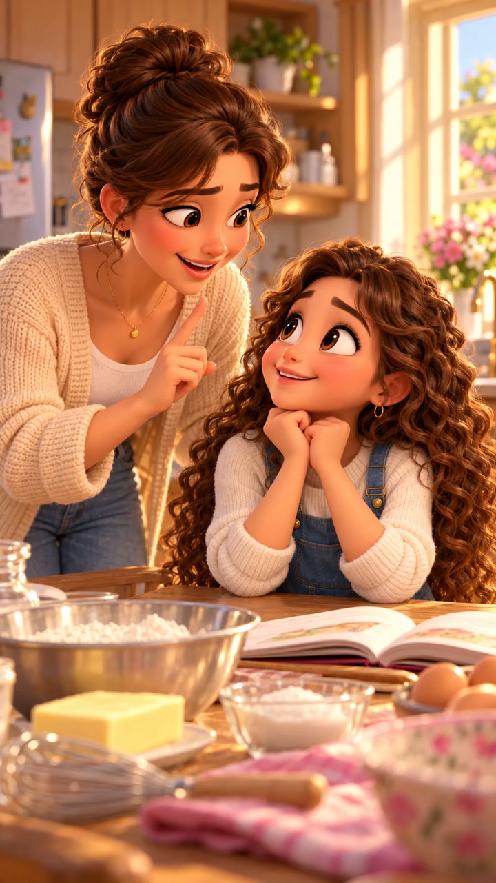 Maryi et sa maman dans la cuisine, préparant une surprise.