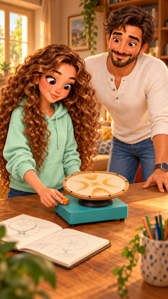 Maryi et son papa découvrent leur machine qui dessine avec les vibrations du son.